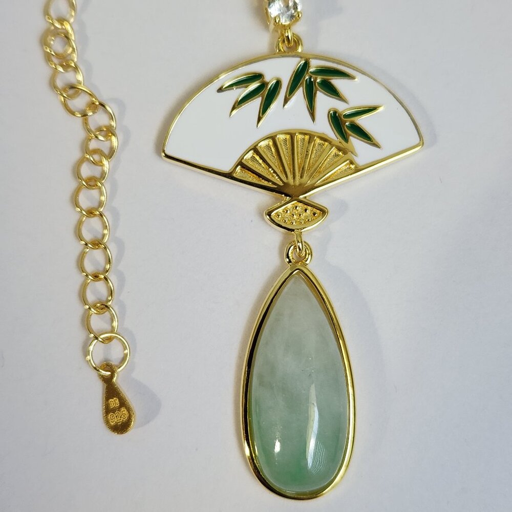 Pillowbook NIB 18k Yellow Gold Naural Jadeite & Zircon Pendant w/ 18" 925 Chain - Picture 4 of 8